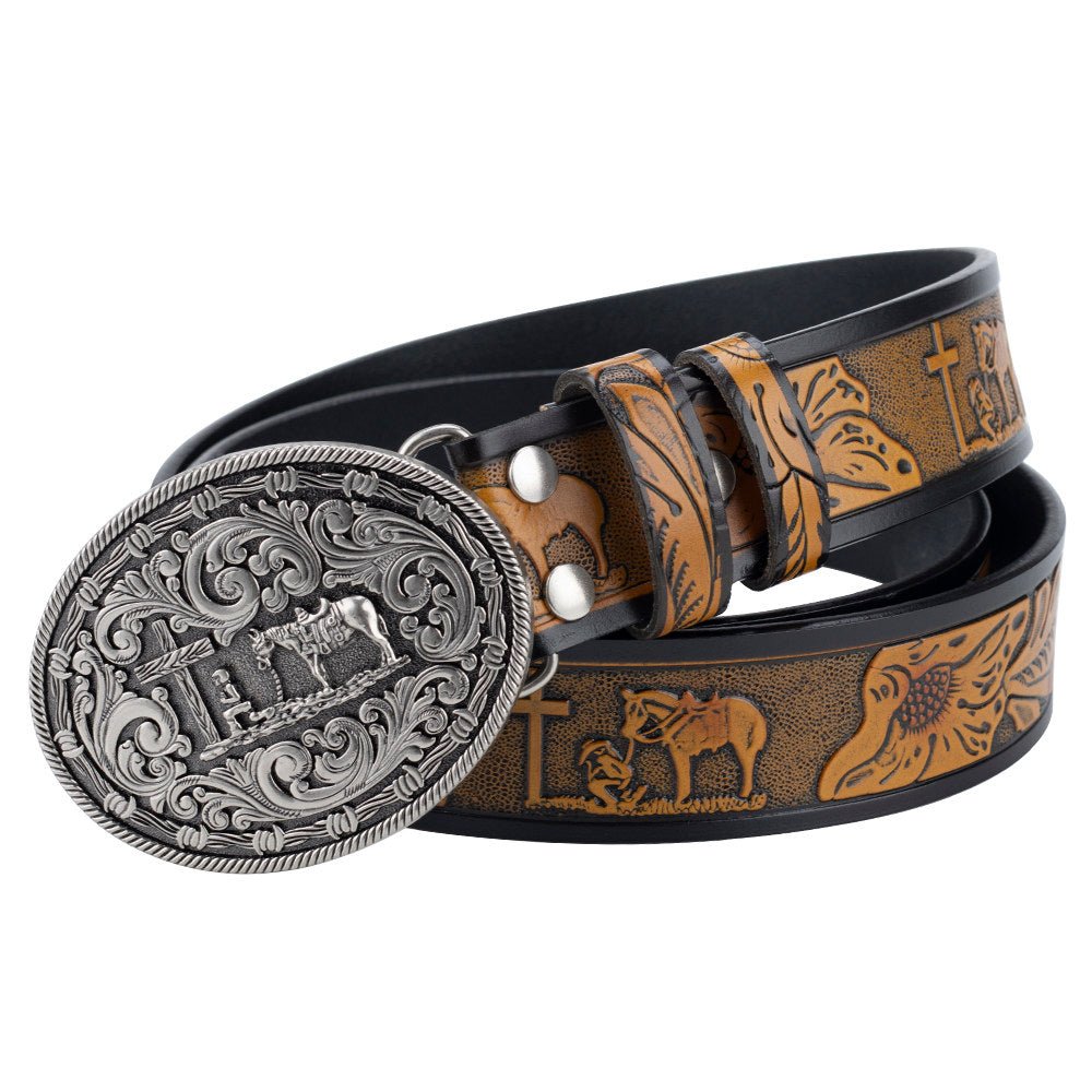 Mens Western Floral Tooled Leather Belt Cowboy Praying Cross Horse Buckle - CowderryBeltsAntique Silver