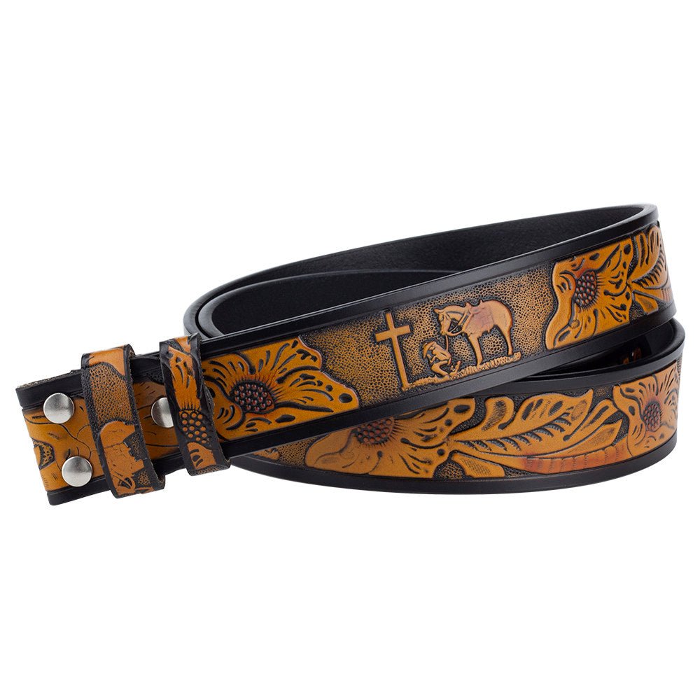 Mens Western Leather Belt Praying Cowboy Cross Horse Oval Buckle - CowderryBeltsAntique Silver