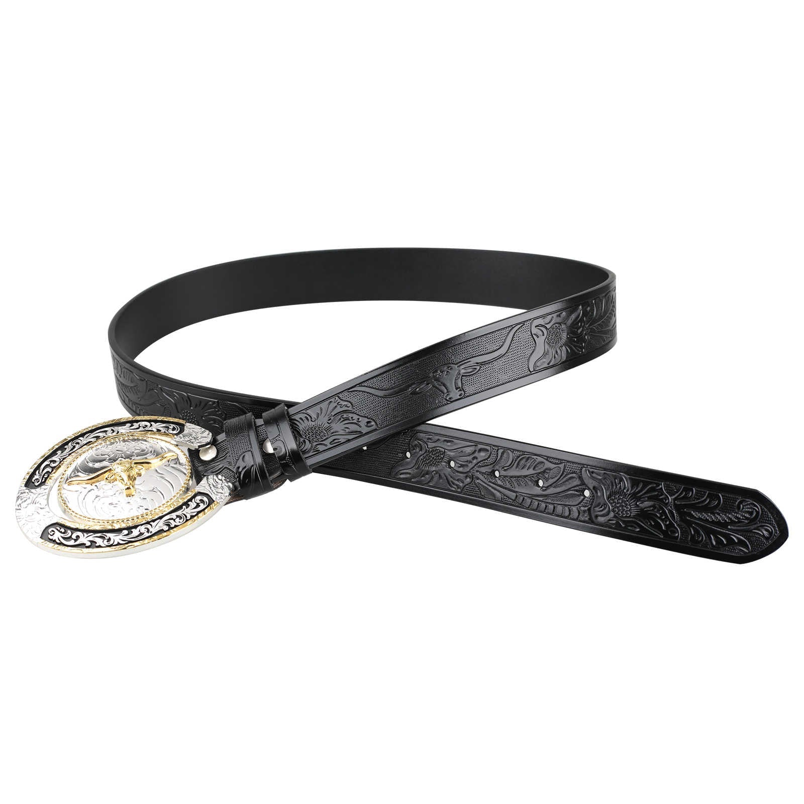 Mens Western Longhorn Floral Tooled Leather Belt Gold Silver Oval Buckle Cowboy - CowderryBeltsBlack