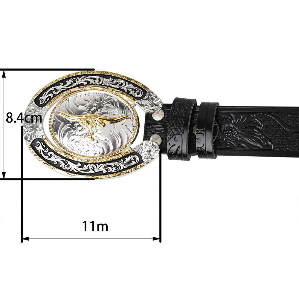 Mens Western Longhorn Floral Tooled Leather Belt Gold Silver Oval Buckle Cowboy - CowderryBeltsBrown and Black