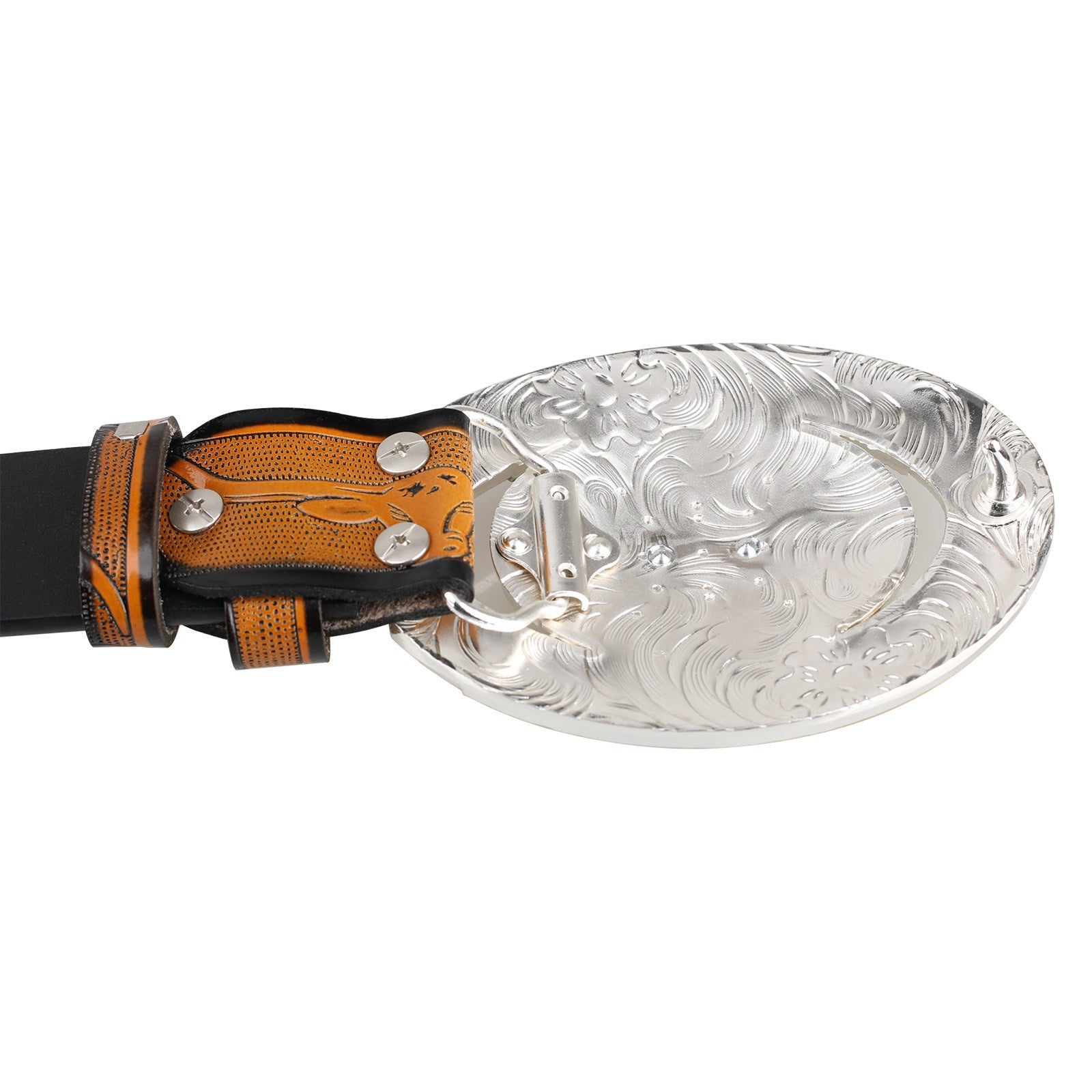 Mens Western Longhorn Floral Tooled Leather Belt Gold Silver Oval Buckle Cowboy - CowderryBeltsBrown and Black