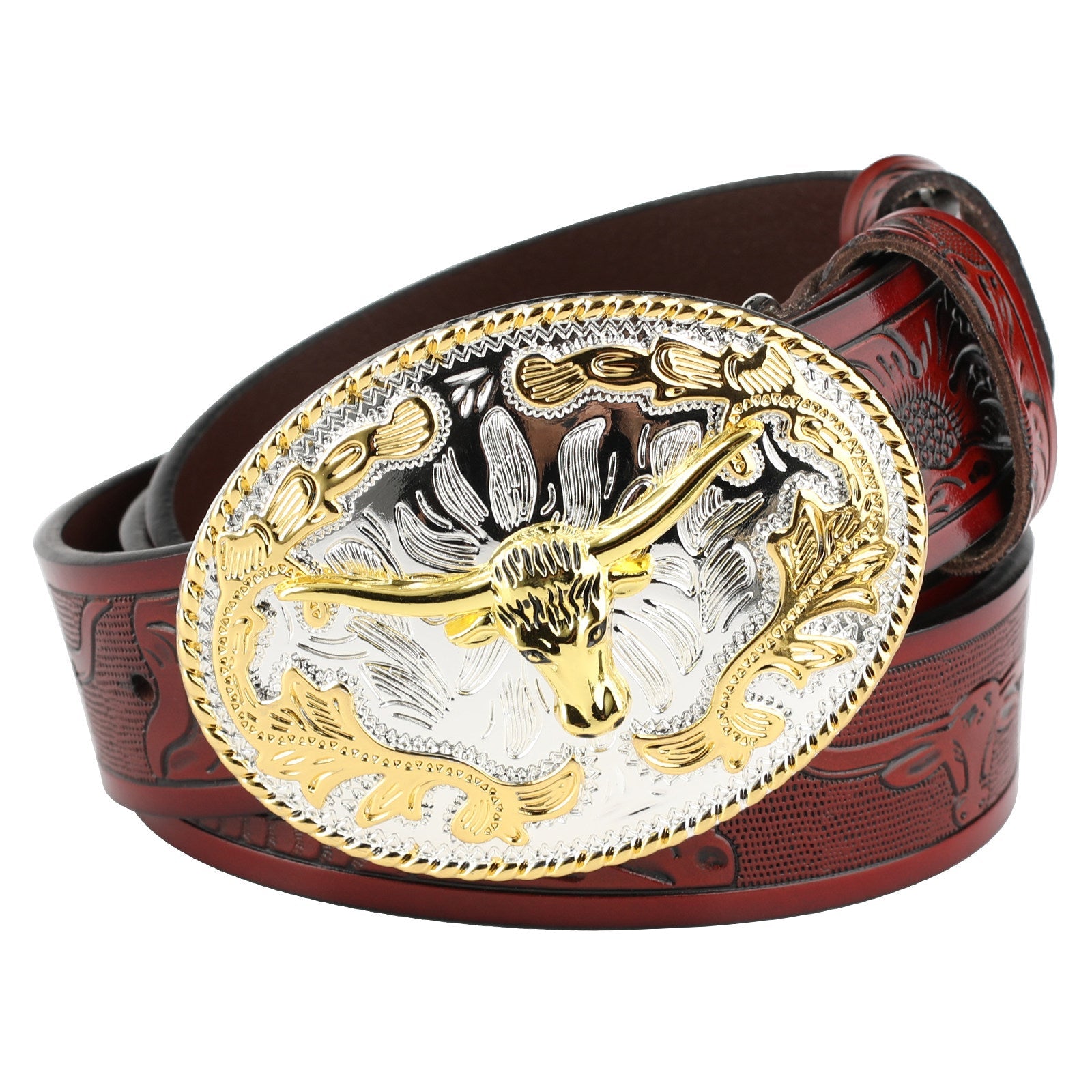 Mens Western Longhorn Leather Belt Gold Silver Oval Bull Buckle Cowboy - CowderryBeltsBrown