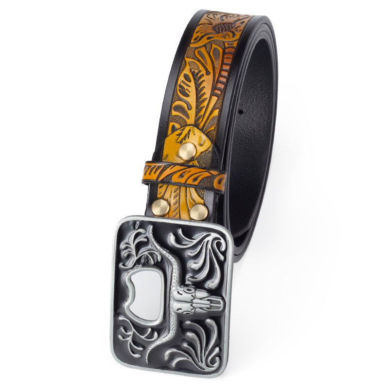 Mens Western Longhorn Tooled Cowboy Leather Belt Bottle Opener Buckle - CowderryBeltsBrown and Black