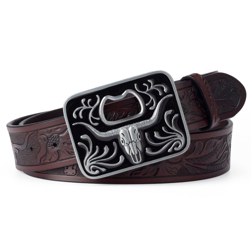 Mens Western Longhorn Tooled Cowboy Leather Belt Bottle Opener Buckle - CowderryBeltsDark Brown