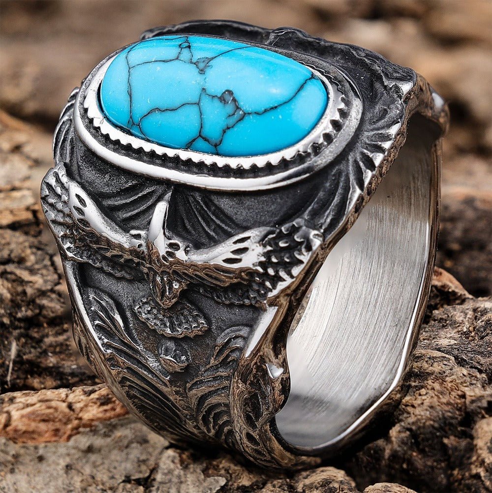Native Style Turquoise Eagle Biker Ring - Cowderry7 US