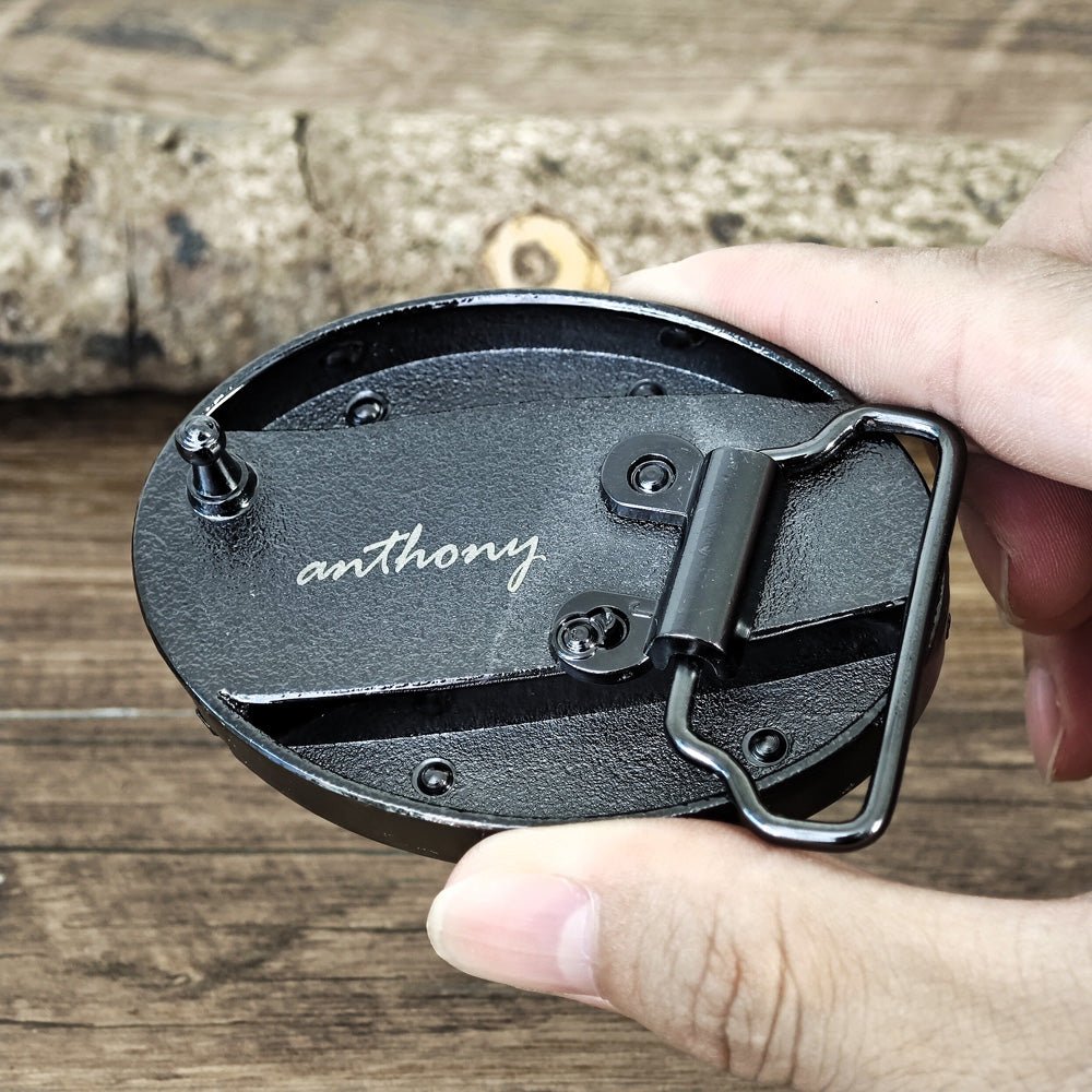 Personalized Cool Belt Buckle – Custom Text Engraved on the Back - CowderryBelt BuckleBull Head