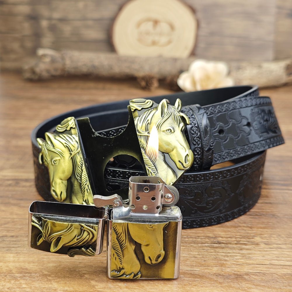 Retro Horse Head Embossed Leather Black Belt with Detachable Lighter Buckle - CowderryBeltsBrown