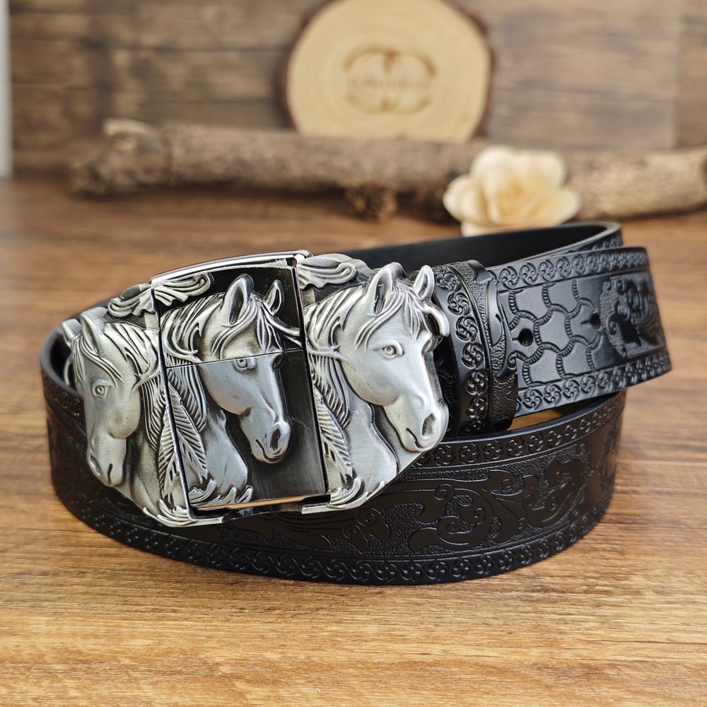 Retro Horse Head Embossed Leather Black Belt with Detachable Lighter Buckle - CowderryBeltsSilver