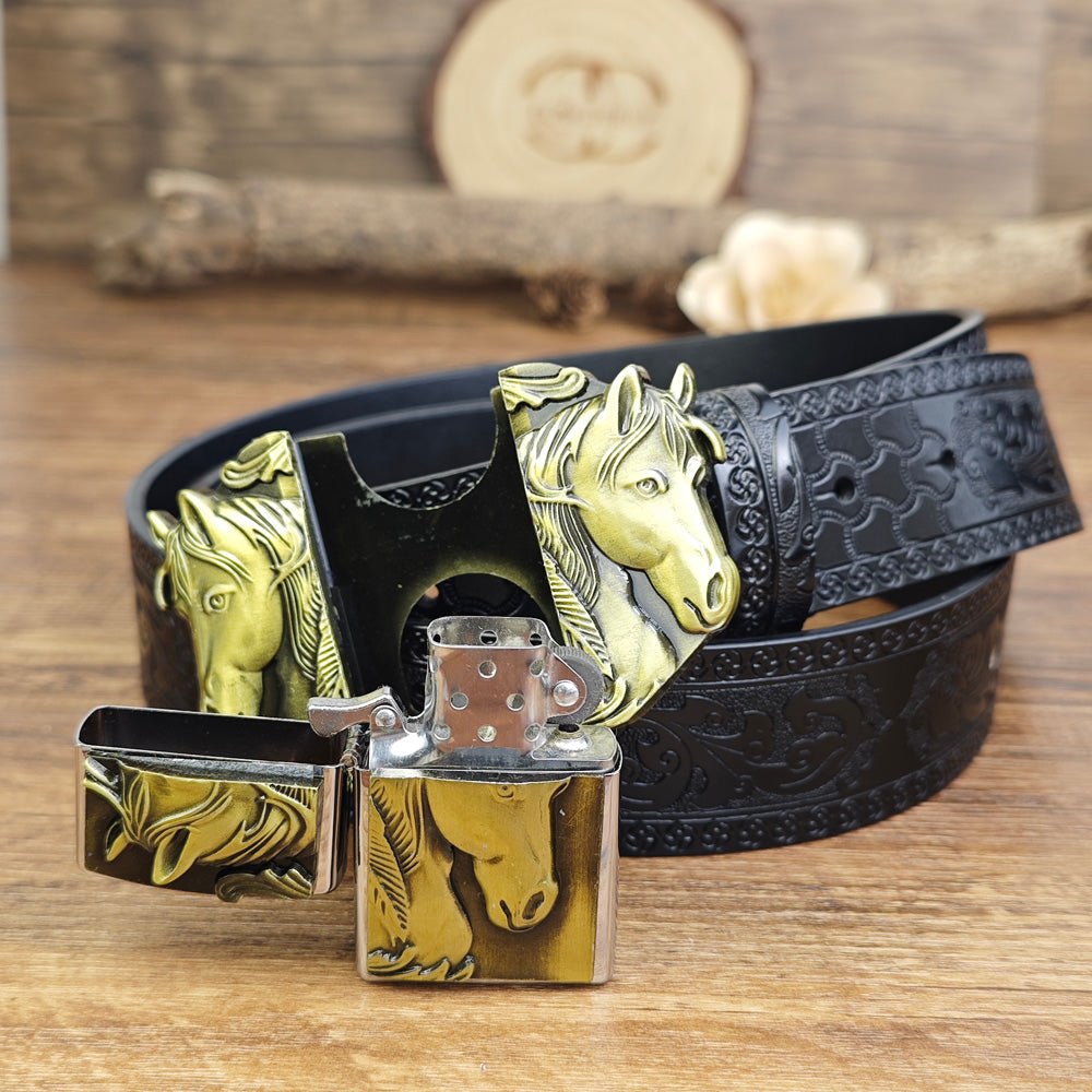 Retro Horse Head Embossed Leather Black Belt with Detachable Lighter Buckle - CowderryBeltsSilver