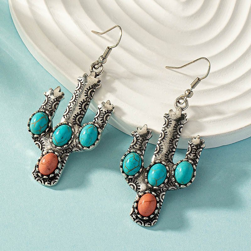 Retro Western Oval Turquoise Cactus Earrings - CowderryC3049