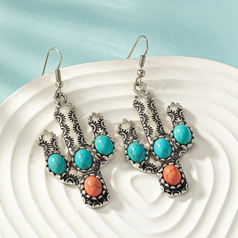 Retro Western Oval Turquoise Cactus Earrings - CowderryC3049