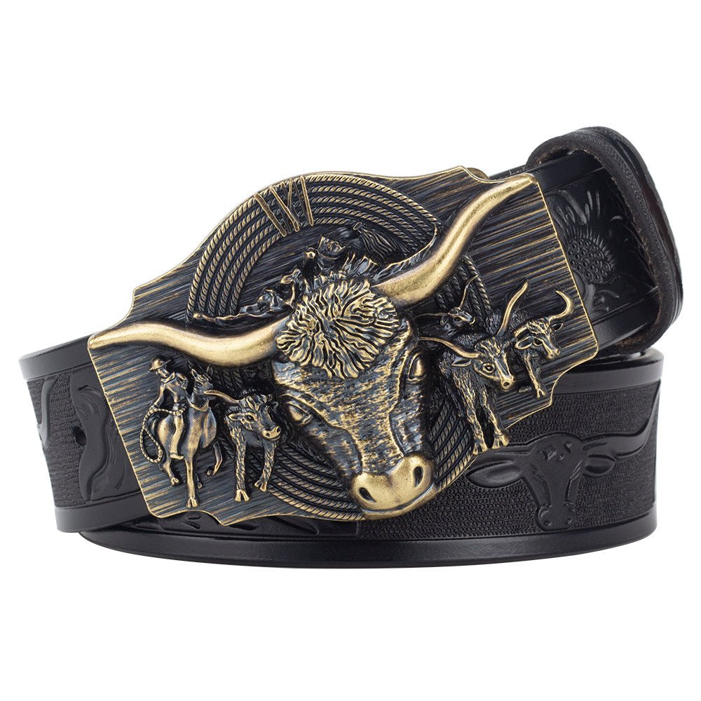 Texas Longhorn Bull Leather Cowboy Belt with Retro Rodeo Buckle - CowderryBeltsAntique Gold