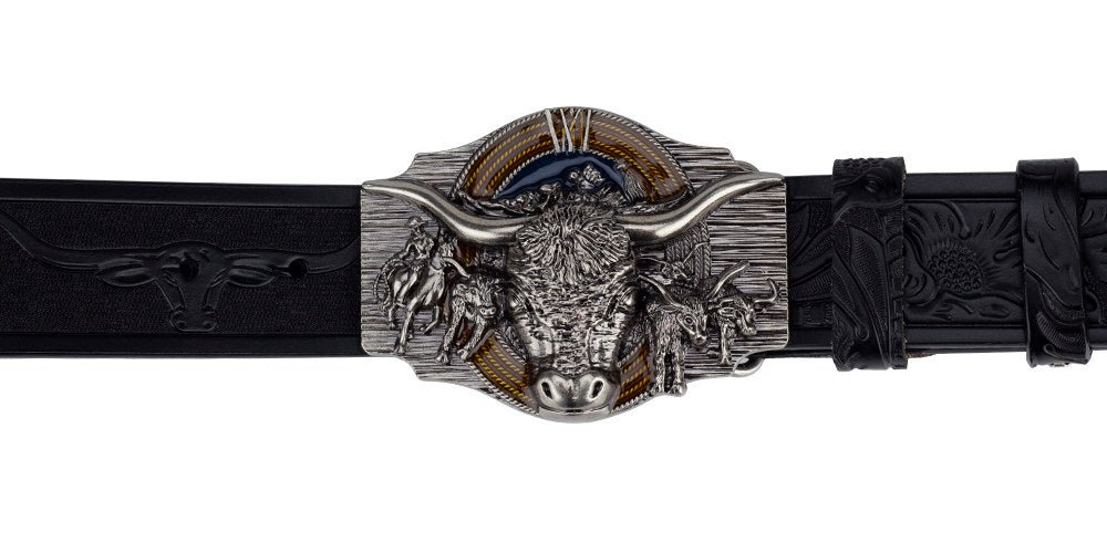 Texas Longhorn Bull Leather Cowboy Belt with Retro Rodeo Buckle - CowderryBeltsAntique Gold
