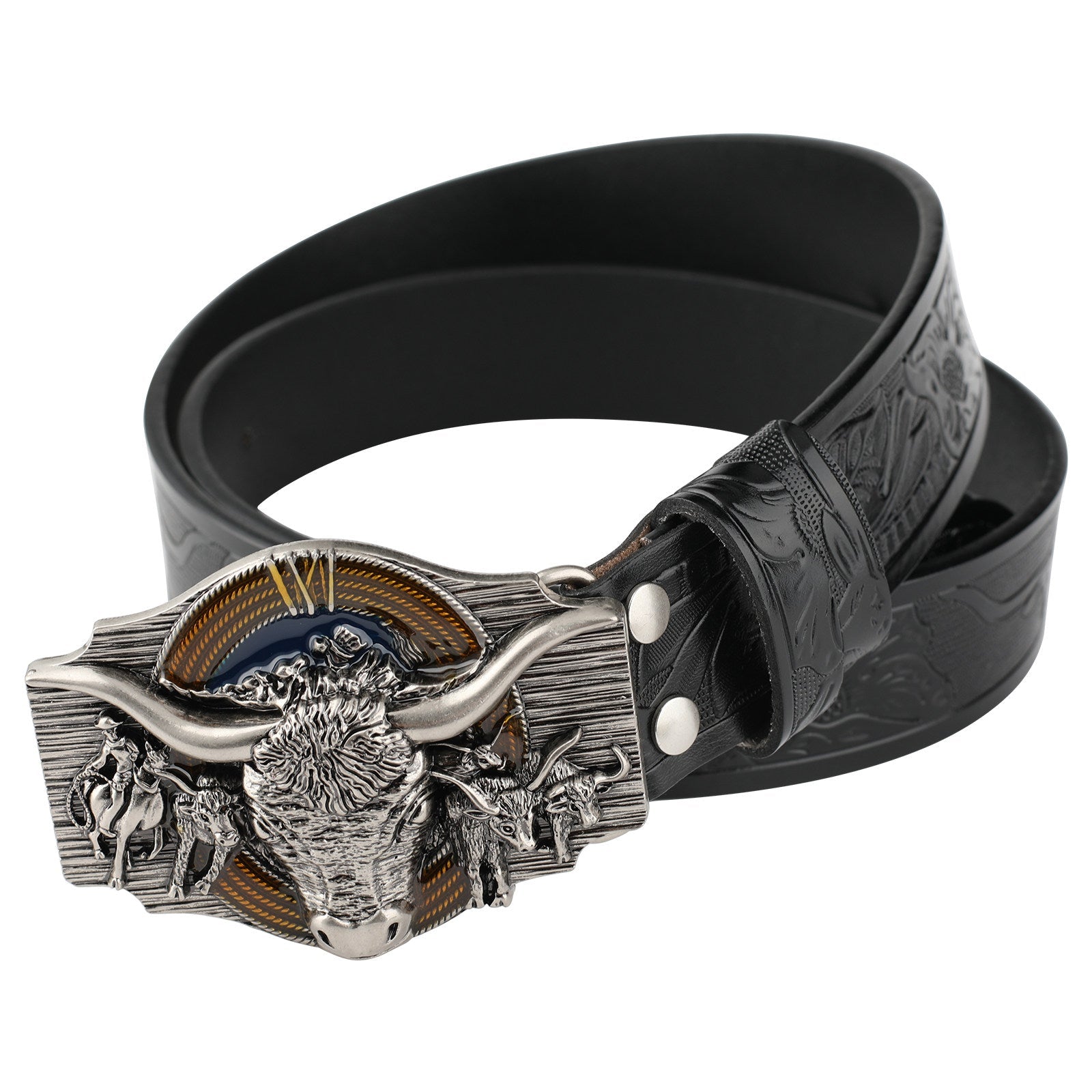 Texas Longhorn Bull Leather Cowboy Belt with Retro Rodeo Buckle - CowderryBeltsAntique Silver