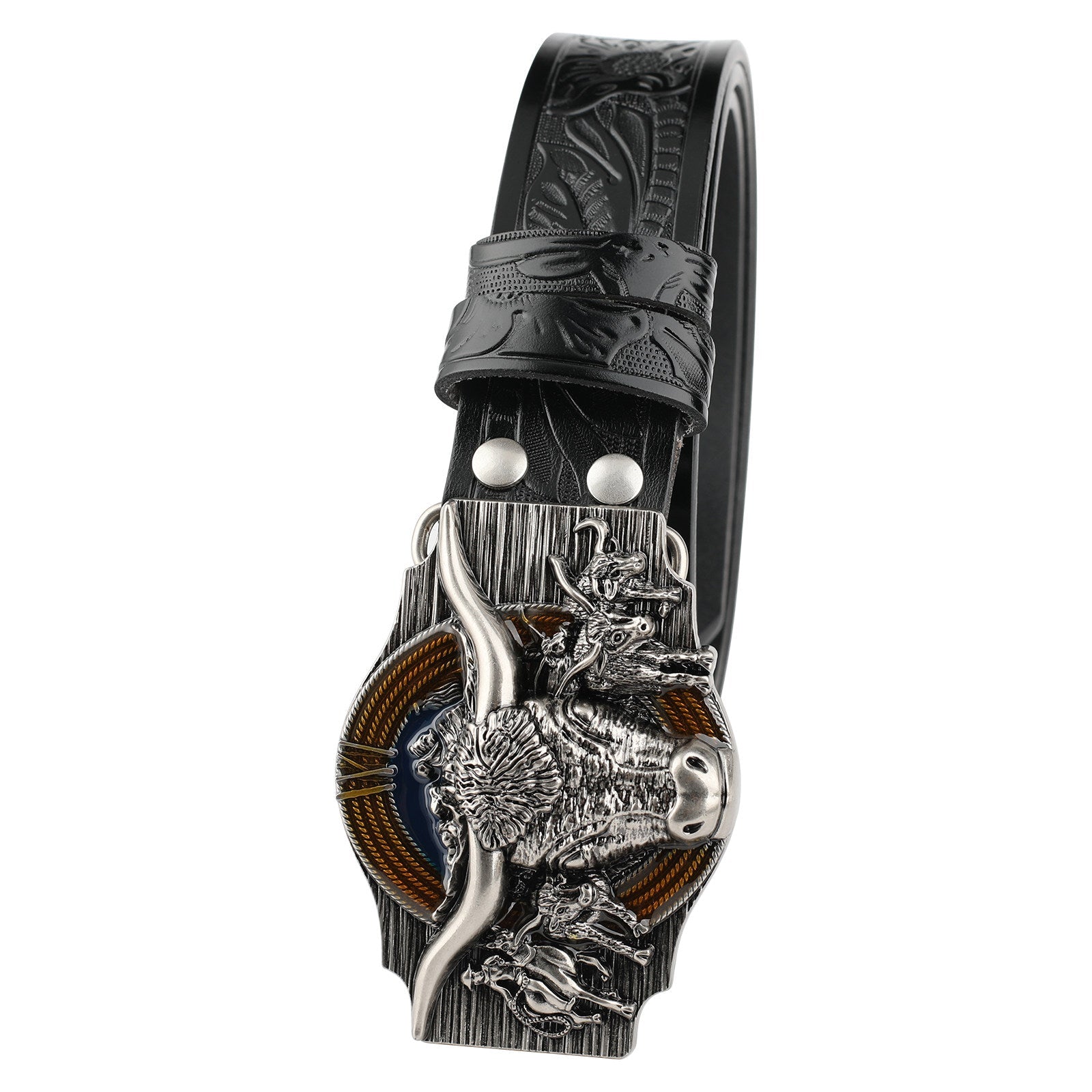 Texas Longhorn Bull Leather Cowboy Belt with Retro Rodeo Buckle - CowderryBeltsAntique Silver
