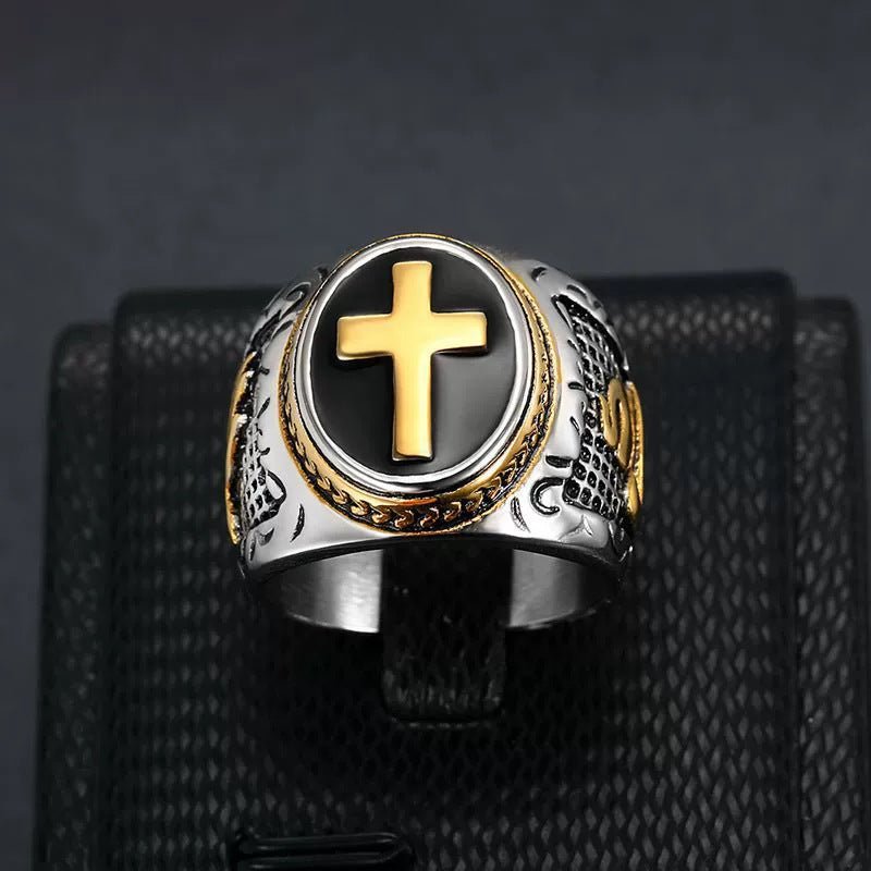 Titanium Steel Mens Cross Ring Christian - CowderryRingsGold
