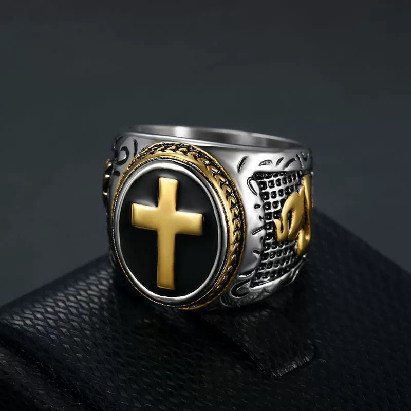 Titanium Steel Mens Cross Ring Christian - CowderryRingsGold