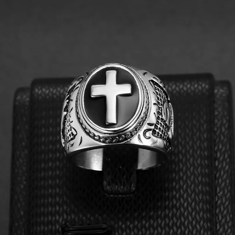 Titanium Steel Mens Cross Ring Christian - CowderryRingsSilver