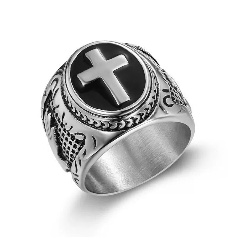 Titanium Steel Mens Cross Ring Christian - CowderryRingsSilver