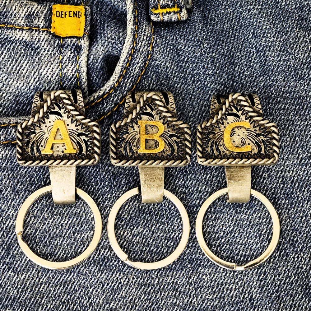 Vintage Western Cow Tag Initial Keychain Holder - CowderryKeychainsA