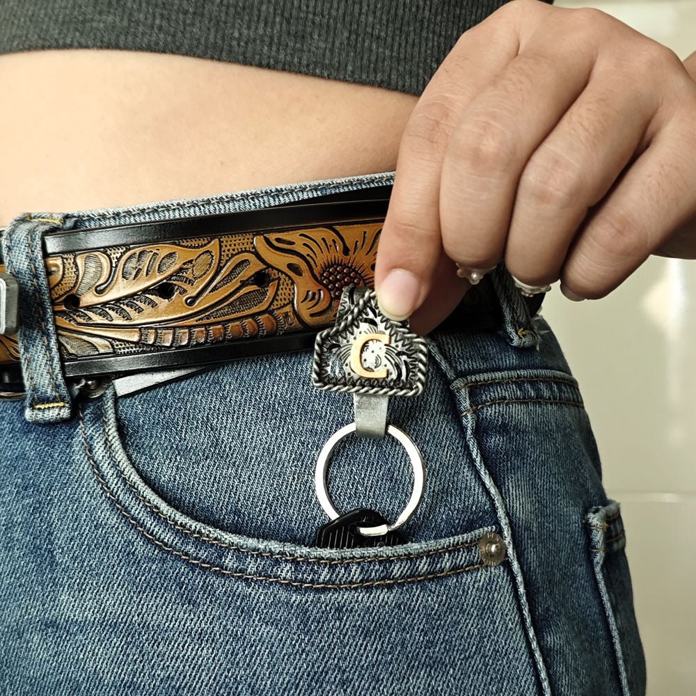 Vintage Western Cow Tag Initial Keychain Holder - CowderryKeychainsA