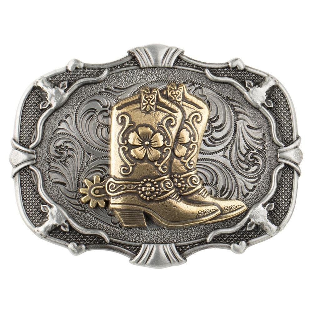 Western Belt Buckle Antique Silver Cowboy Boot Longhorn Floral Scroll - CowderryBelt BucklesCowboy Boot