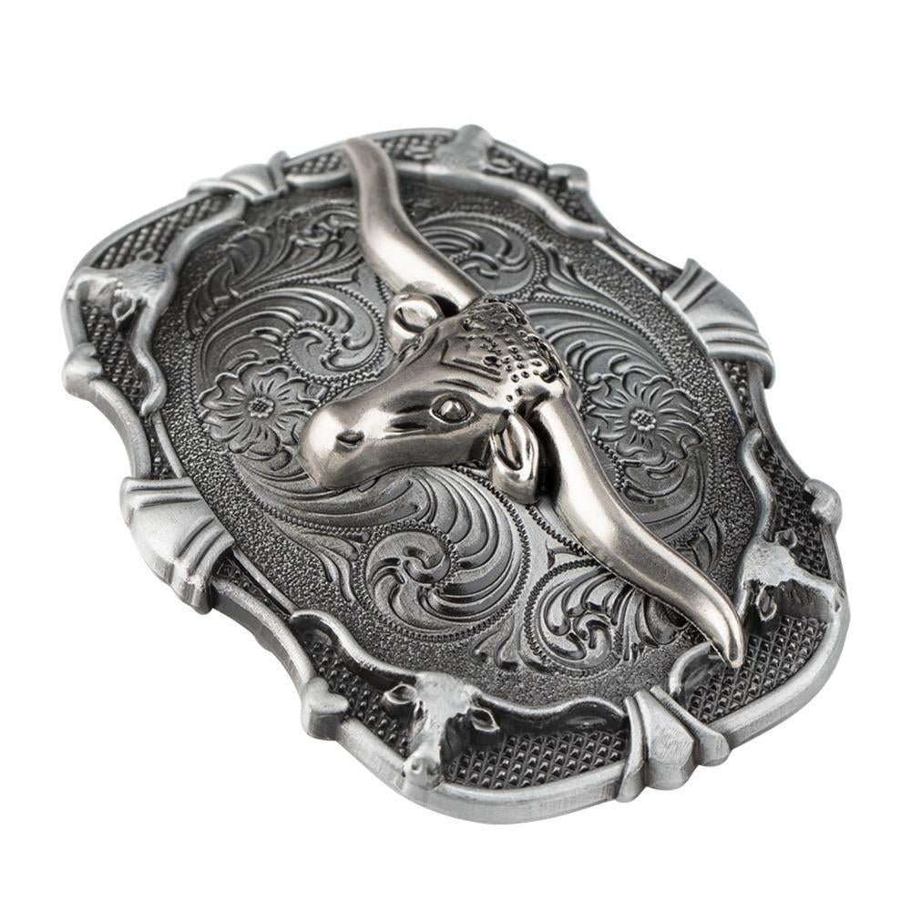 Western Belt Buckle Antique Silver Cowboy Boot Longhorn Floral Scroll - CowderryBelt BucklesLonghorn