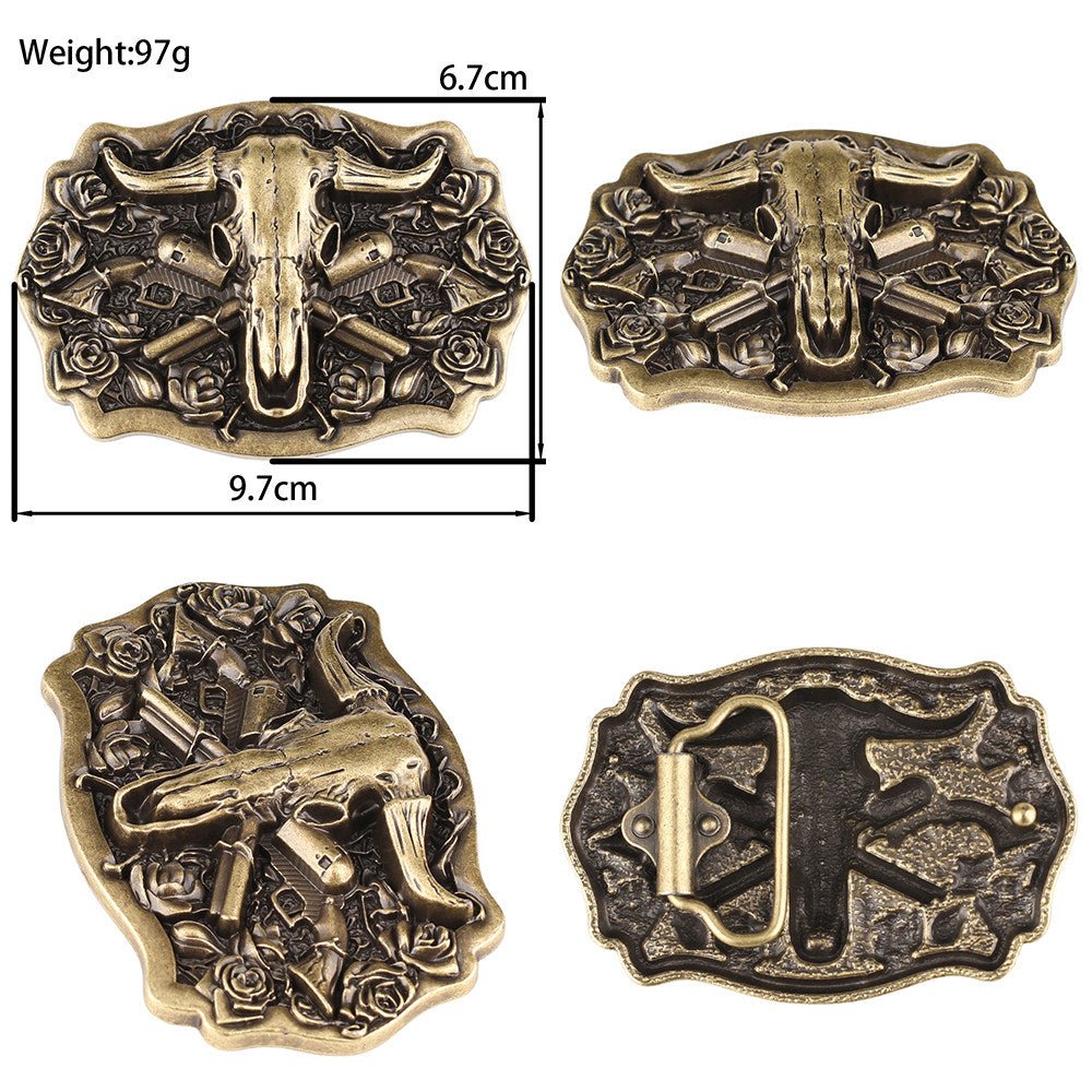 Western Belt with Antique Gold Bull Skull Buckle - CowderryWestern BeltsRose Skull