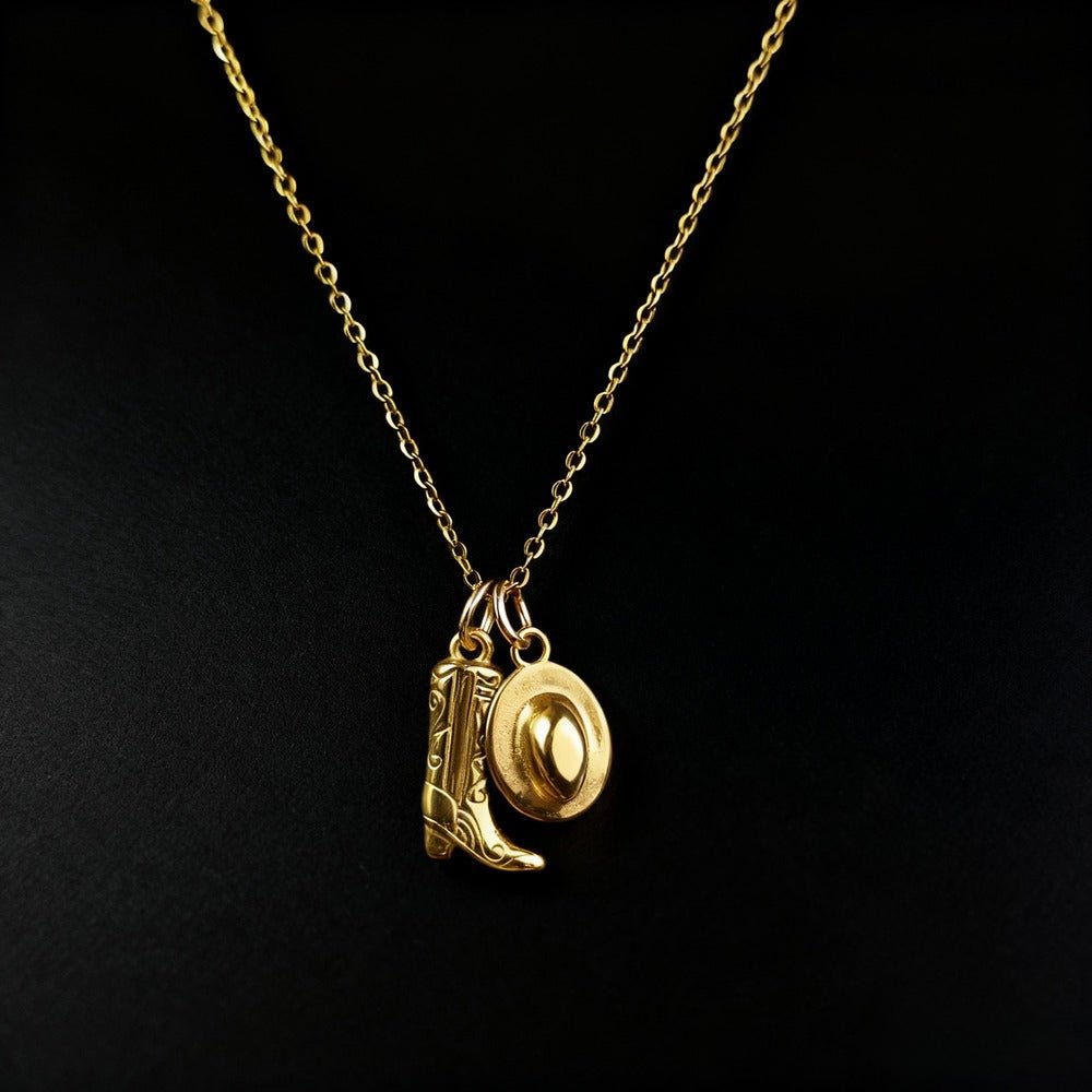 Western Boot and Hat Country Cowgirl Necklace - CowderryNecklacesGold