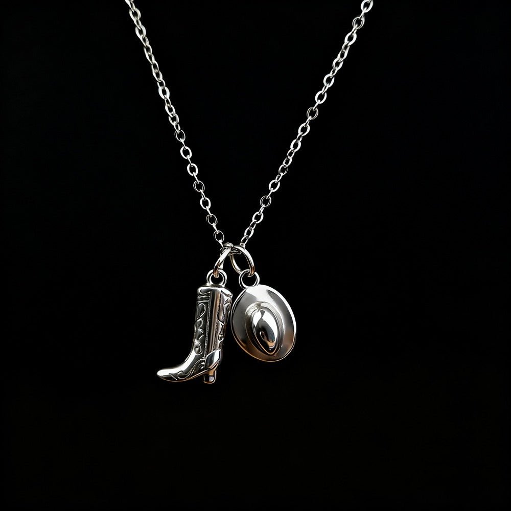 Western Boot and Hat Country Cowgirl Necklace - CowderryNecklacesSilver