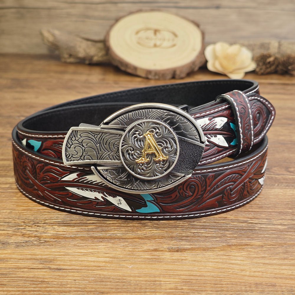 Western Brown Feather Belt with A–Z Initial Letter Buckle - CowderryBeltsA