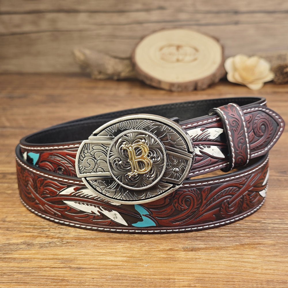 Western Brown Feather Belt with A–Z Initial Letter Buckle - CowderryBeltsB