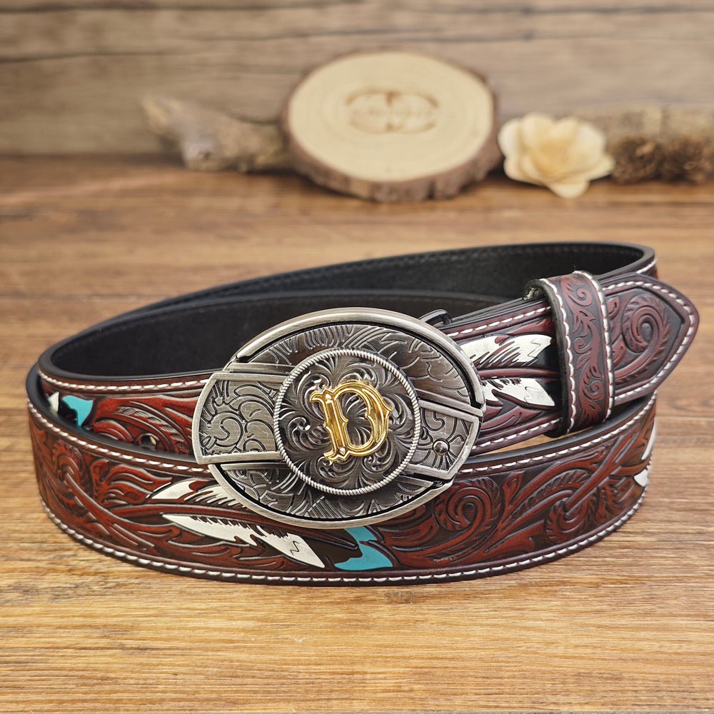 Western Brown Feather Belt with A–Z Initial Letter Buckle - CowderryBeltsD