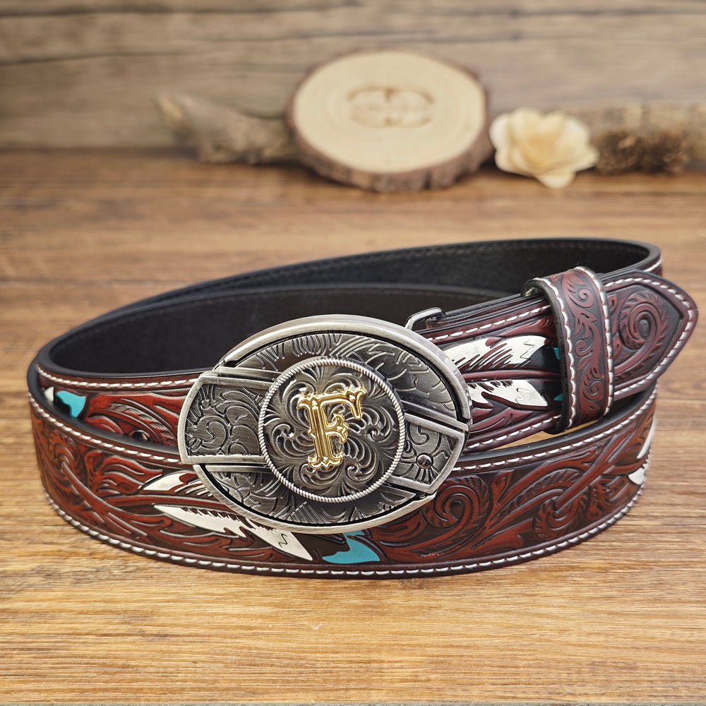 Western Brown Feather Belt with A–Z Initial Letter Buckle - CowderryBeltsF