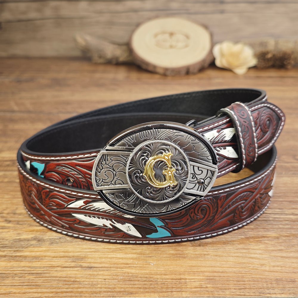 Western Brown Feather Belt with A–Z Initial Letter Buckle - CowderryBeltsG