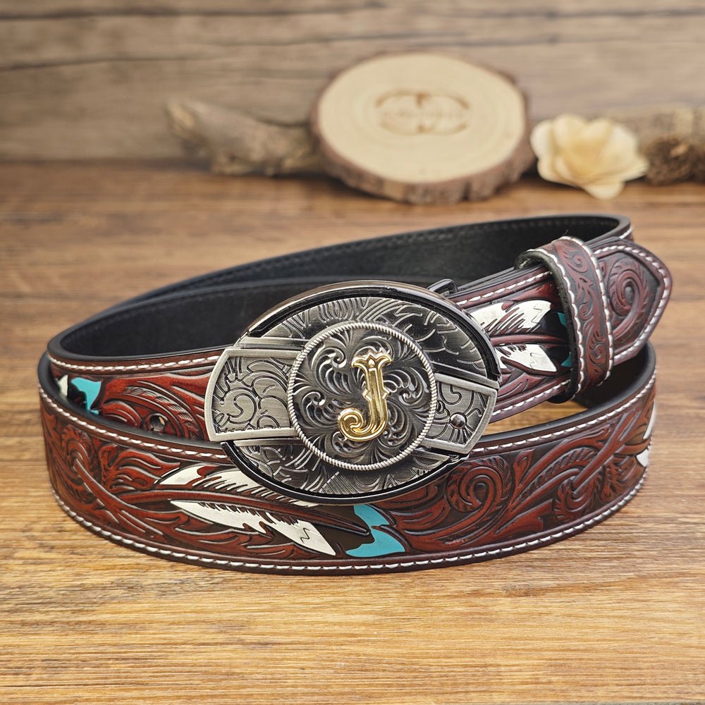 Western Brown Feather Belt with A–Z Initial Letter Buckle - CowderryBeltsJ