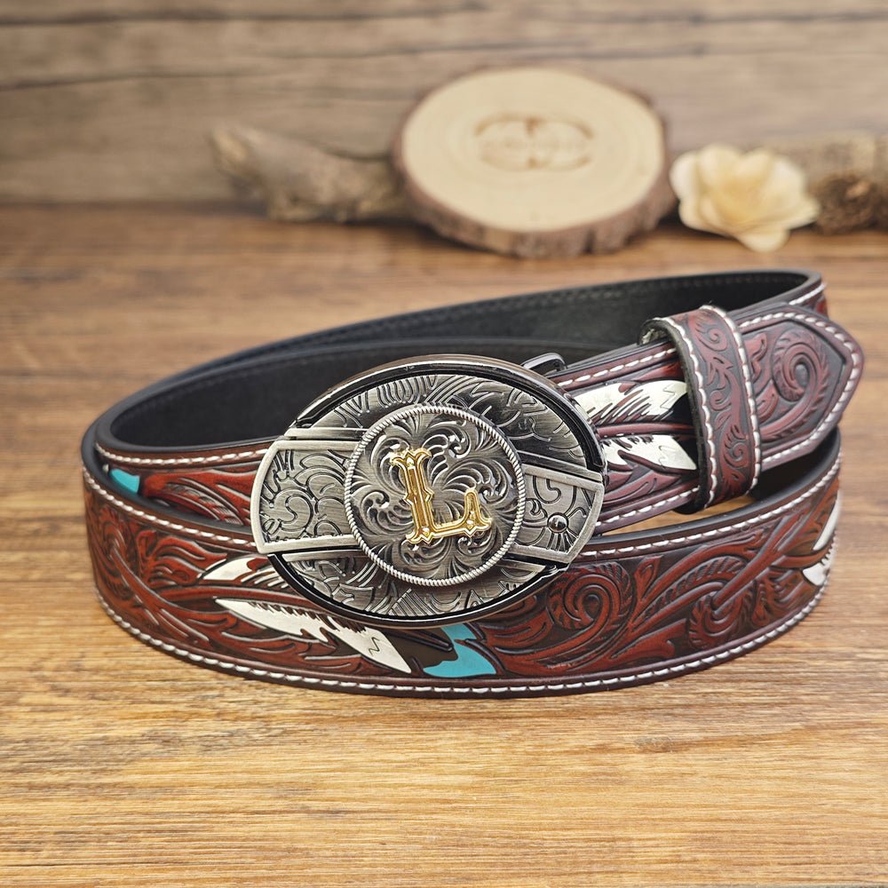 Western Brown Feather Belt with A–Z Initial Letter Buckle - CowderryBeltsL