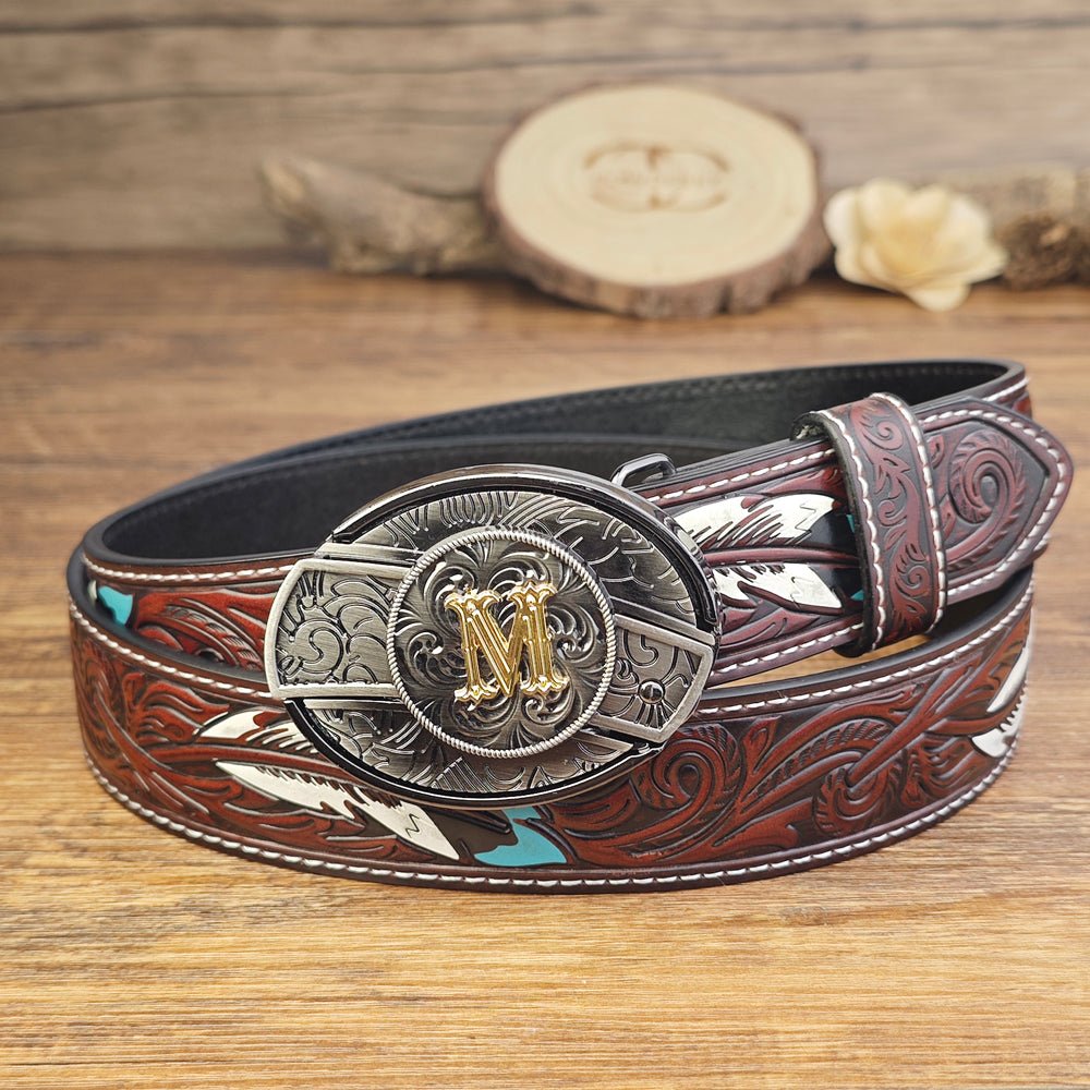 Western Brown Feather Belt with A–Z Initial Letter Buckle - CowderryBeltsM