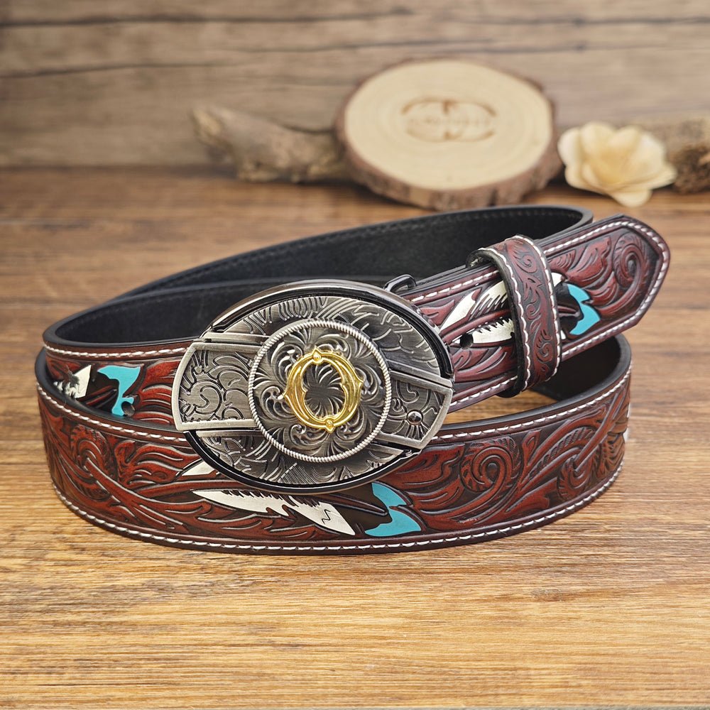 Western Brown Feather Belt with A–Z Initial Letter Buckle - CowderryBeltsO