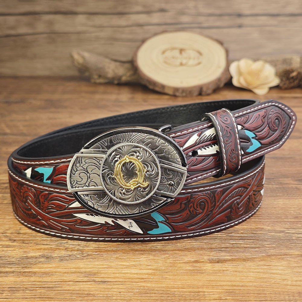 Western Brown Feather Belt with A–Z Initial Letter Buckle - CowderryBeltsQ