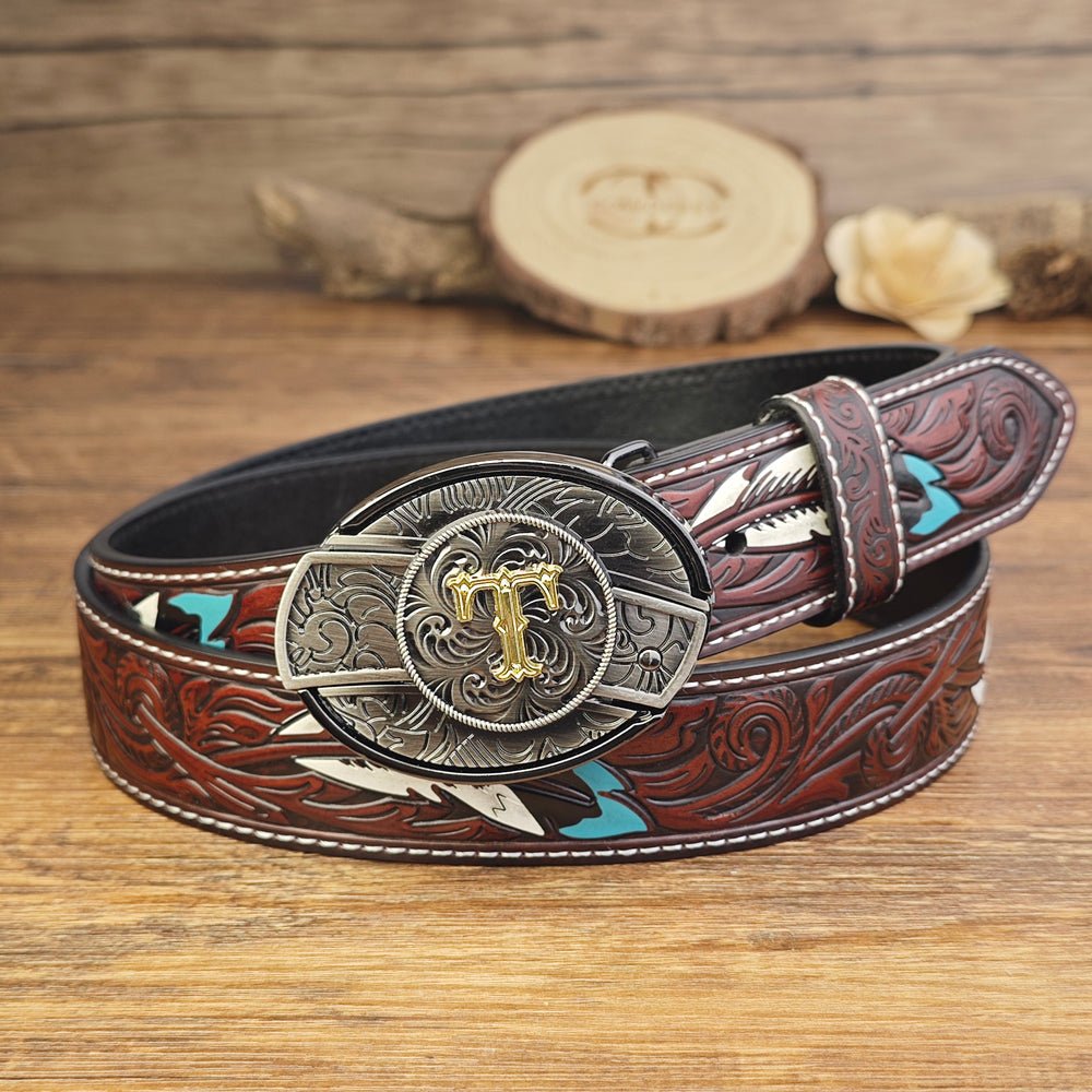 Western Brown Feather Belt with A–Z Initial Letter Buckle - CowderryBeltsT