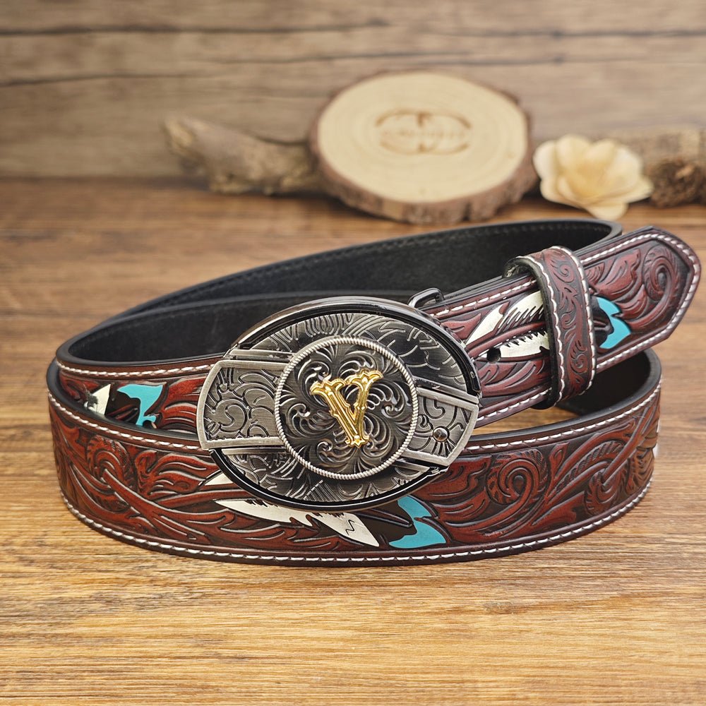Western Brown Feather Belt with A–Z Initial Letter Buckle - CowderryBeltsV