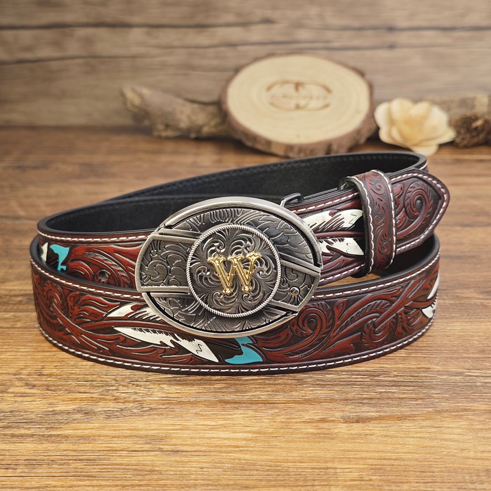 Western Brown Feather Belt with A–Z Initial Letter Buckle - CowderryBeltsW