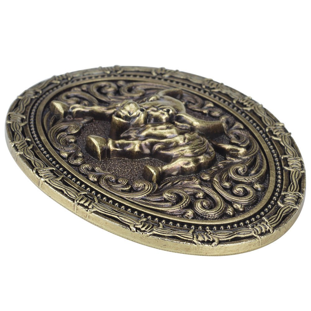 Western Charging Bull Belt Buckle Antique Bronze Oval Floral Scroll Rodeo Cowboy - Cowderry