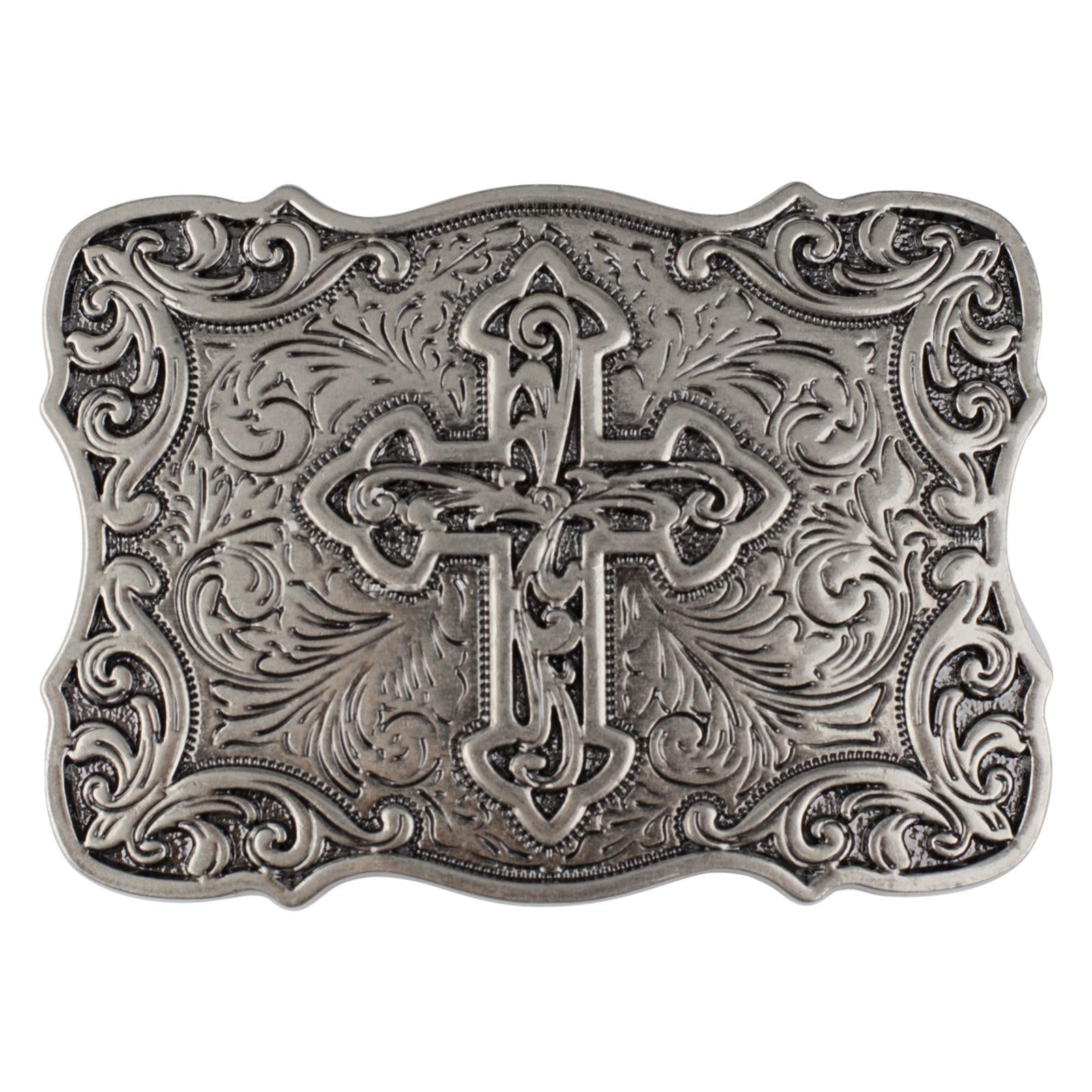 Western Cross Belt Buckle Antique Silver Floral Scroll Christian - CowderryBelt BucklesStyle A