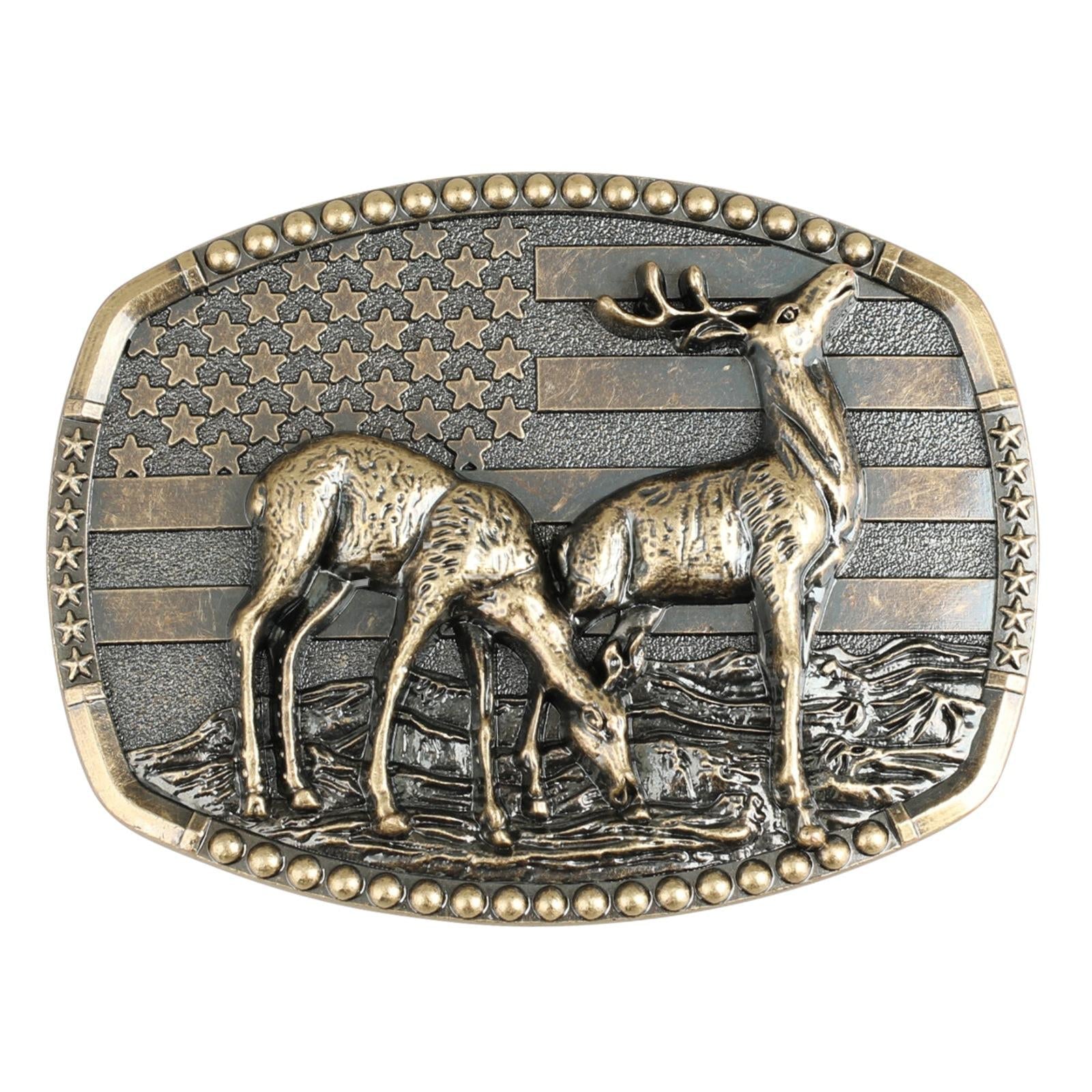 Western Deer Belt Buckle with American Flag - CowderryBelt BucklesAntique Bronze