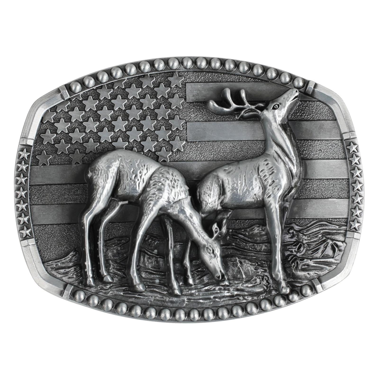 Western Deer Belt Buckle with American Flag - CowderryBelt BucklesAntique Silver