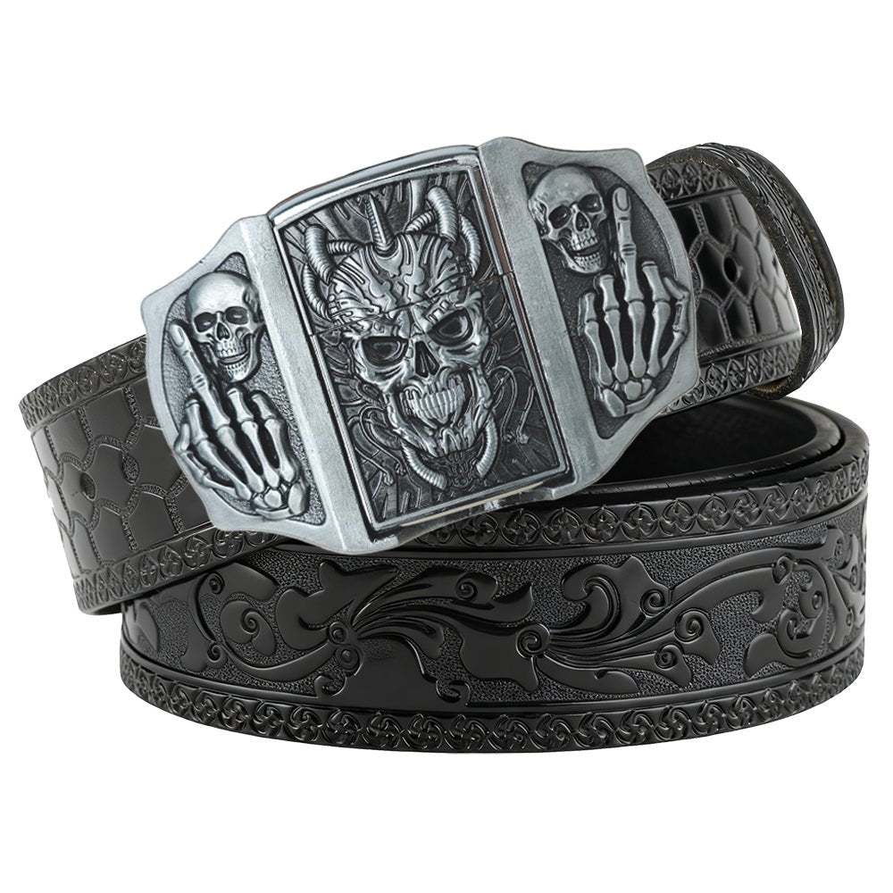 Western Embossed Black Belt with Concealed Lighter - CowderryBelt with LighterCyber Skull