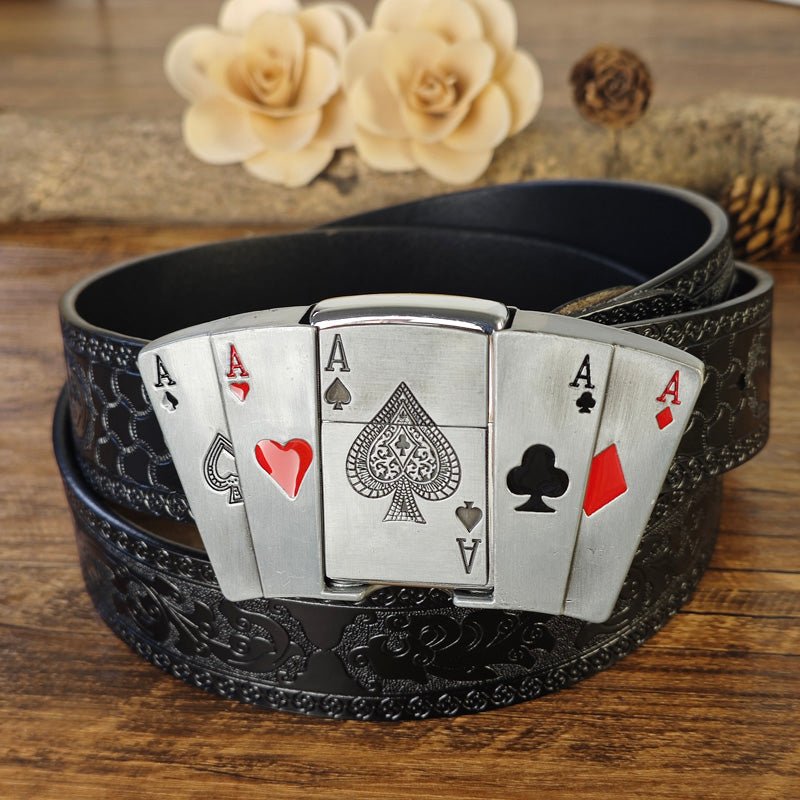 Western Embossed Black Belt with Concealed Lighter - CowderryBelts4 Aces