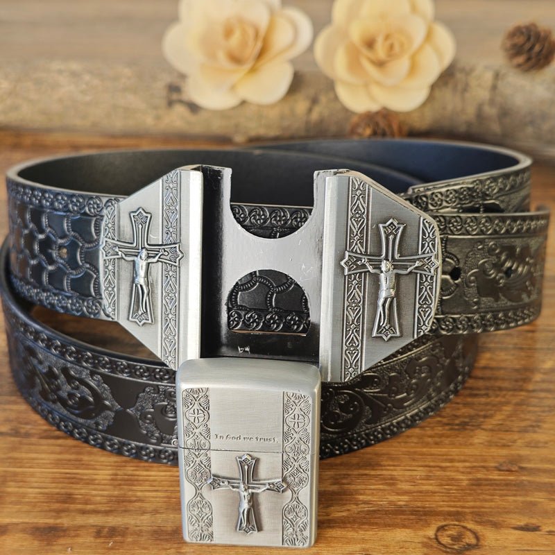 Western Embossed Black Belt with Concealed Lighter - CowderryBeltsCross
